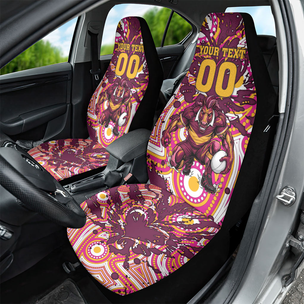 Personalised Brisbane Broncos Rugby Car Seat Cover Aboriginal Art Style Pink And Gold Patterned Graphics