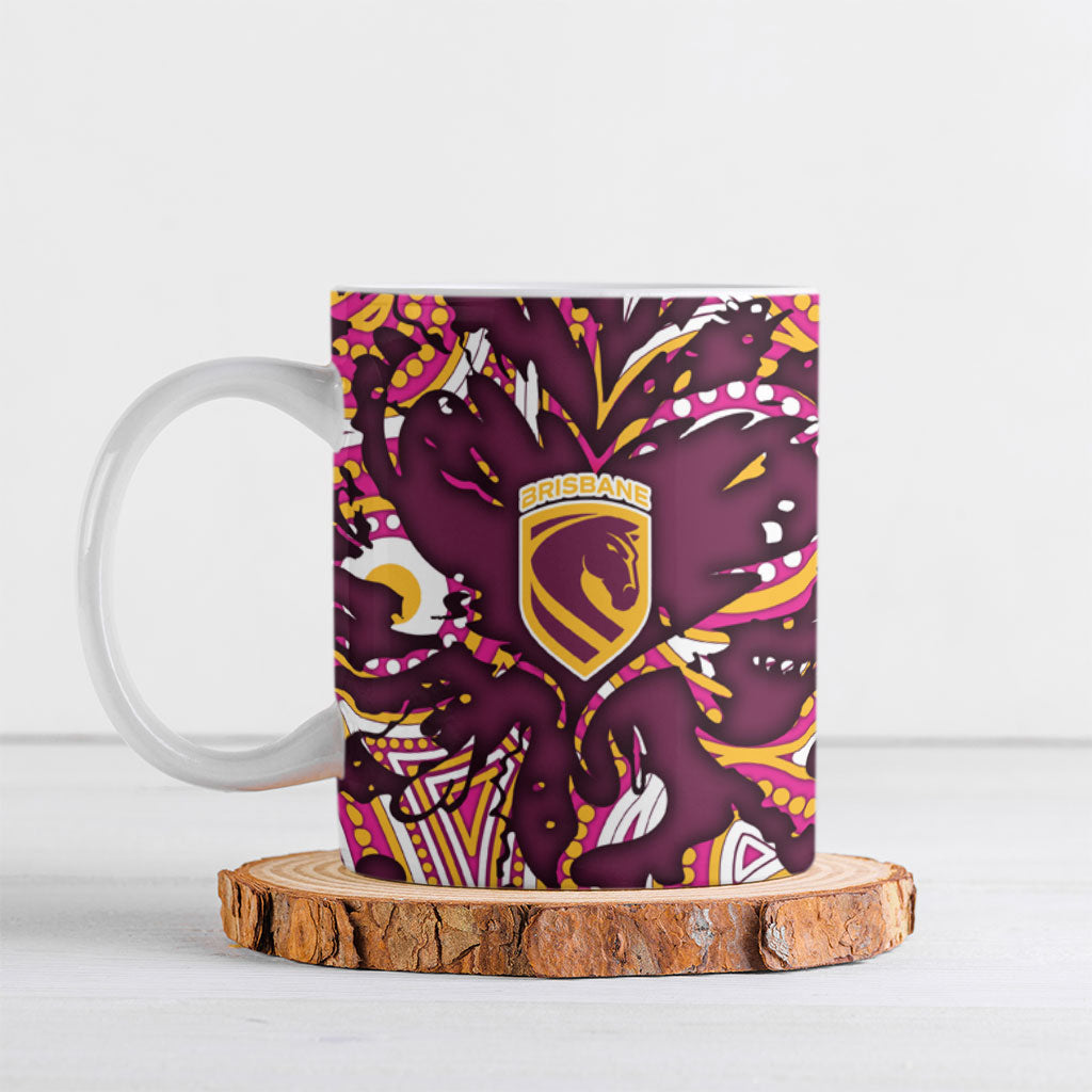 Personalised Brisbane Broncos Rugby Ceramic Mug Aboriginal Art Style Pink And Gold Patterned Graphics