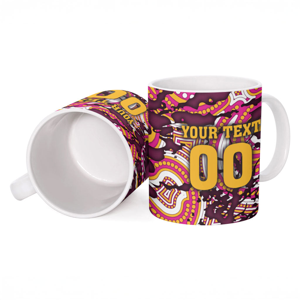 Personalised Brisbane Broncos Rugby Ceramic Mug Aboriginal Art Style Pink And Gold Patterned Graphics