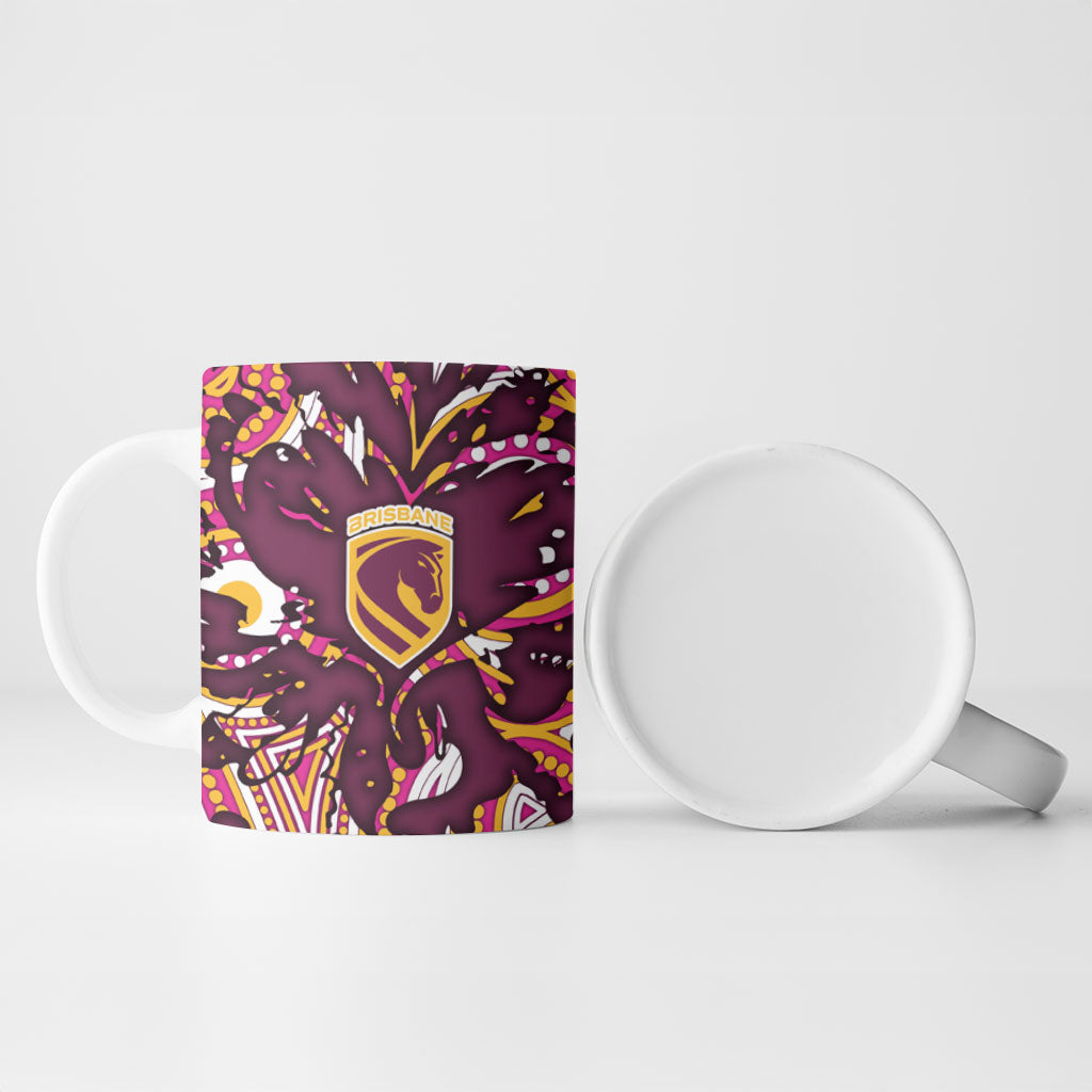 Personalised Brisbane Broncos Rugby Ceramic Mug Aboriginal Art Style Pink And Gold Patterned Graphics