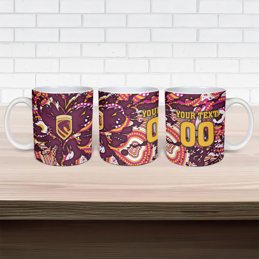 Personalised Brisbane Broncos Rugby Ceramic Mug Aboriginal Art Style Pink And Gold Patterned Graphics