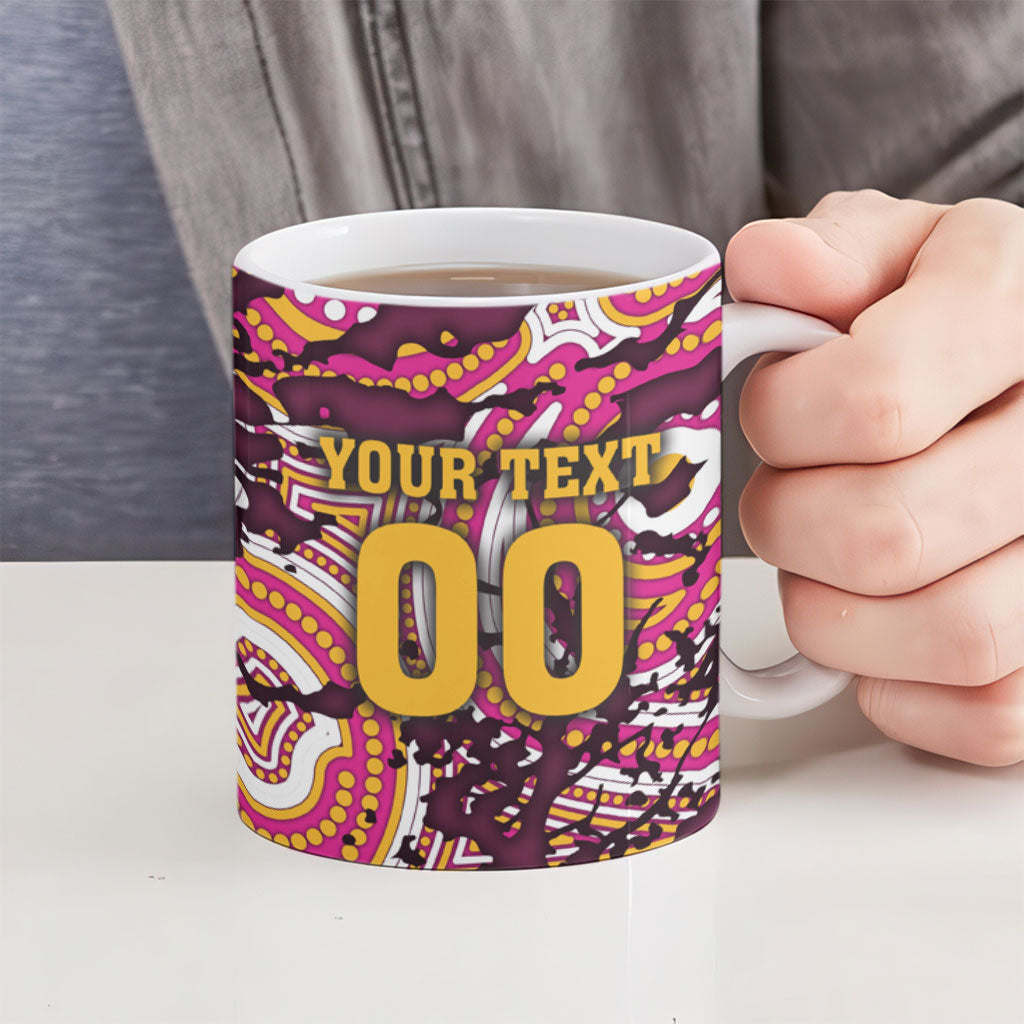 Personalised Brisbane Broncos Rugby Ceramic Mug Aboriginal Art Style Pink And Gold Patterned Graphics