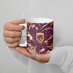 Personalised Brisbane Broncos Rugby Ceramic Mug Aboriginal Art Style Pink And Gold Patterned Graphics