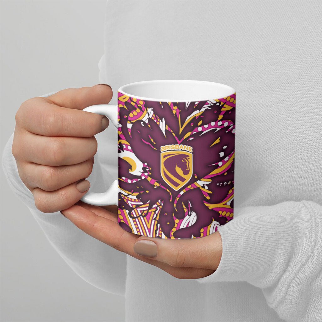 Personalised Brisbane Broncos Rugby Ceramic Mug Aboriginal Art Style Pink And Gold Patterned Graphics
