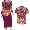 Personalised Brisbane Broncos Rugby Couples Matching Long Sleeve Bodycon Dress and Hawaiian Shirt Aboriginal Art Style Pink And Gold Patterned Graphics