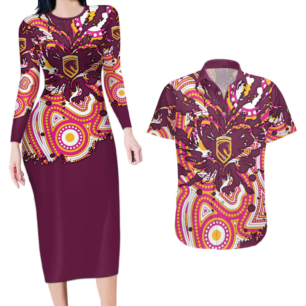Personalised Brisbane Broncos Rugby Couples Matching Long Sleeve Bodycon Dress and Hawaiian Shirt Aboriginal Art Style Pink And Gold Patterned Graphics