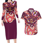 Personalised Brisbane Broncos Rugby Couples Matching Long Sleeve Bodycon Dress and Hawaiian Shirt Aboriginal Art Style Pink And Gold Patterned Graphics