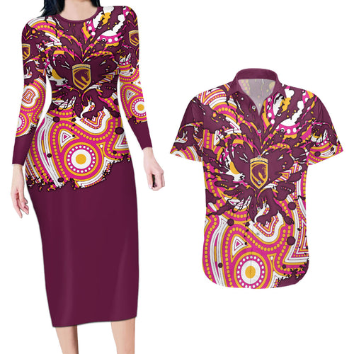 Personalised Brisbane Broncos Rugby Couples Matching Long Sleeve Bodycon Dress and Hawaiian Shirt Aboriginal Art Style Pink And Gold Patterned Graphics