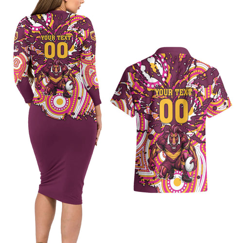 Personalised Brisbane Broncos Rugby Couples Matching Long Sleeve Bodycon Dress and Hawaiian Shirt Aboriginal Art Style Pink And Gold Patterned Graphics