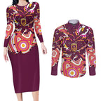 Personalised Brisbane Broncos Rugby Couples Matching Long Sleeve Bodycon Dress and Long Sleeve Button Shirt Aboriginal Art Style Pink And Gold Patterned Graphics