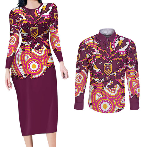 Personalised Brisbane Broncos Rugby Couples Matching Long Sleeve Bodycon Dress and Long Sleeve Button Shirt Aboriginal Art Style Pink And Gold Patterned Graphics