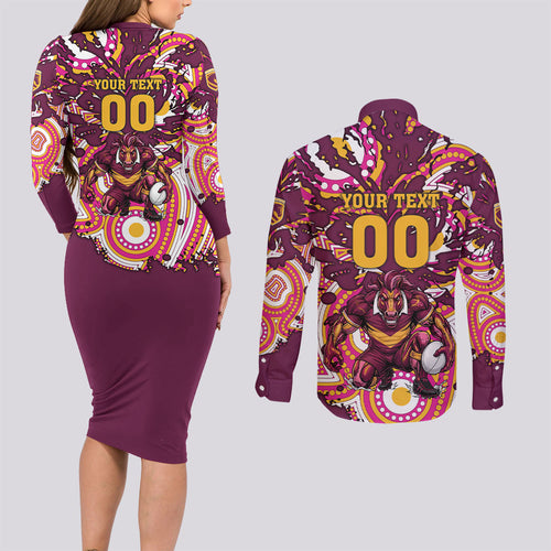 Personalised Brisbane Broncos Rugby Couples Matching Long Sleeve Bodycon Dress and Long Sleeve Button Shirt Aboriginal Art Style Pink And Gold Patterned Graphics