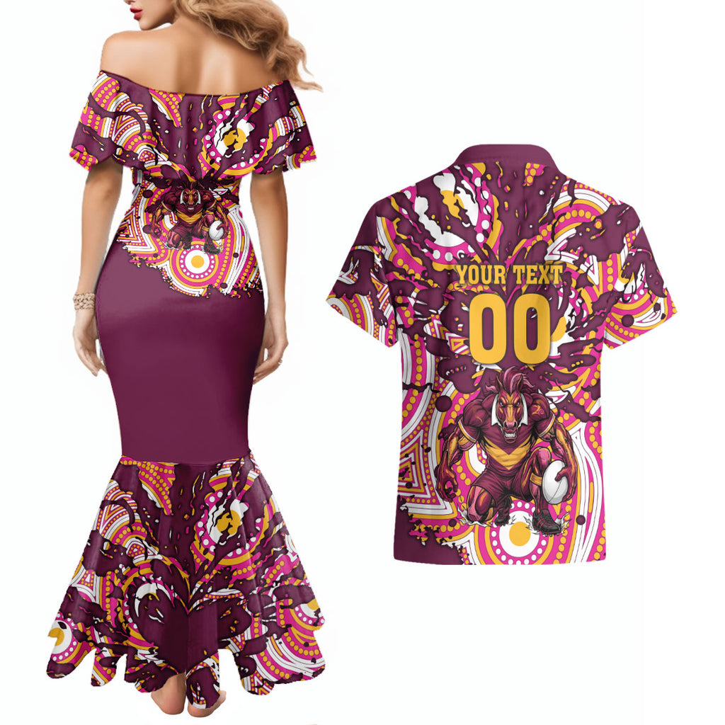 Personalised Brisbane Broncos Rugby Couples Matching Mermaid Dress and Hawaiian Shirt Aboriginal Art Style Pink And Gold Patterned Graphics