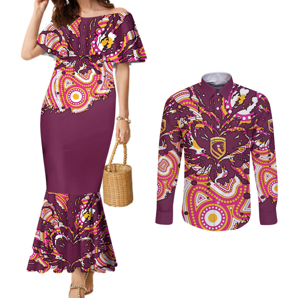 Personalised Brisbane Broncos Rugby Couples Matching Mermaid Dress and Long Sleeve Button Shirt Aboriginal Art Style Pink And Gold Patterned Graphics