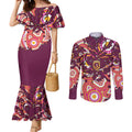 Personalised Brisbane Broncos Rugby Couples Matching Mermaid Dress and Long Sleeve Button Shirt Aboriginal Art Style Pink And Gold Patterned Graphics