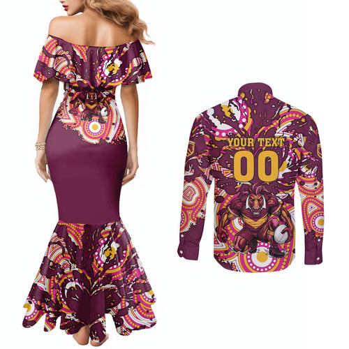 Personalised Brisbane Broncos Rugby Couples Matching Mermaid Dress and Long Sleeve Button Shirt Aboriginal Art Style Pink And Gold Patterned Graphics