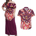 Personalised Brisbane Broncos Rugby Couples Matching Off Shoulder Maxi Dress and Hawaiian Shirt Aboriginal Art Style Pink And Gold Patterned Graphics
