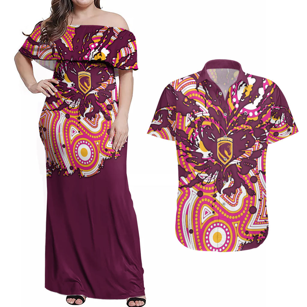 Personalised Brisbane Broncos Rugby Couples Matching Off Shoulder Maxi Dress and Hawaiian Shirt Aboriginal Art Style Pink And Gold Patterned Graphics