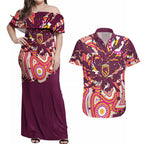 Personalised Brisbane Broncos Rugby Couples Matching Off Shoulder Maxi Dress and Hawaiian Shirt Aboriginal Art Style Pink And Gold Patterned Graphics