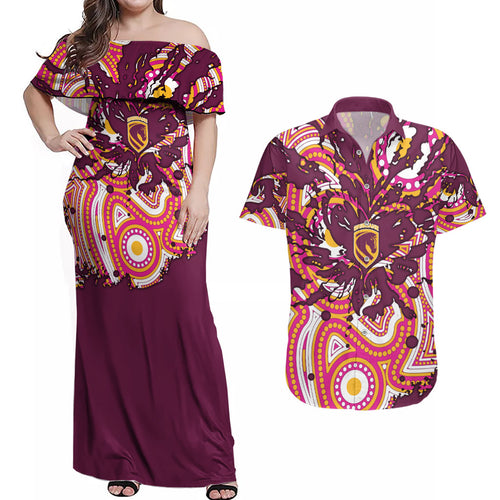 Personalised Brisbane Broncos Rugby Couples Matching Off Shoulder Maxi Dress and Hawaiian Shirt Aboriginal Art Style Pink And Gold Patterned Graphics