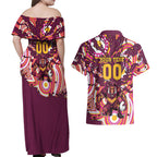 Personalised Brisbane Broncos Rugby Couples Matching Off Shoulder Maxi Dress and Hawaiian Shirt Aboriginal Art Style Pink And Gold Patterned Graphics