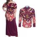 Personalised Brisbane Broncos Rugby Couples Matching Off Shoulder Maxi Dress and Long Sleeve Button Shirt Aboriginal Art Style Pink And Gold Patterned Graphics