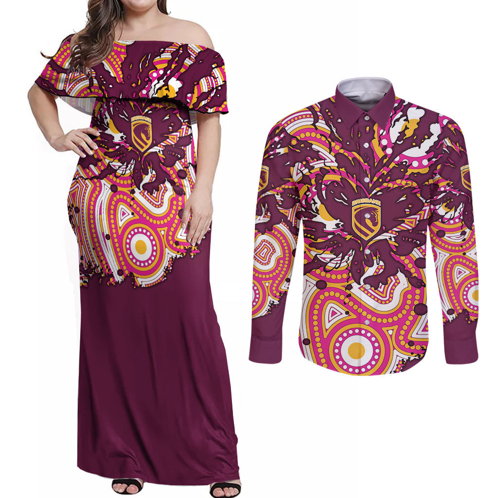 Personalised Brisbane Broncos Rugby Couples Matching Off Shoulder Maxi Dress and Long Sleeve Button Shirt Aboriginal Art Style Pink And Gold Patterned Graphics