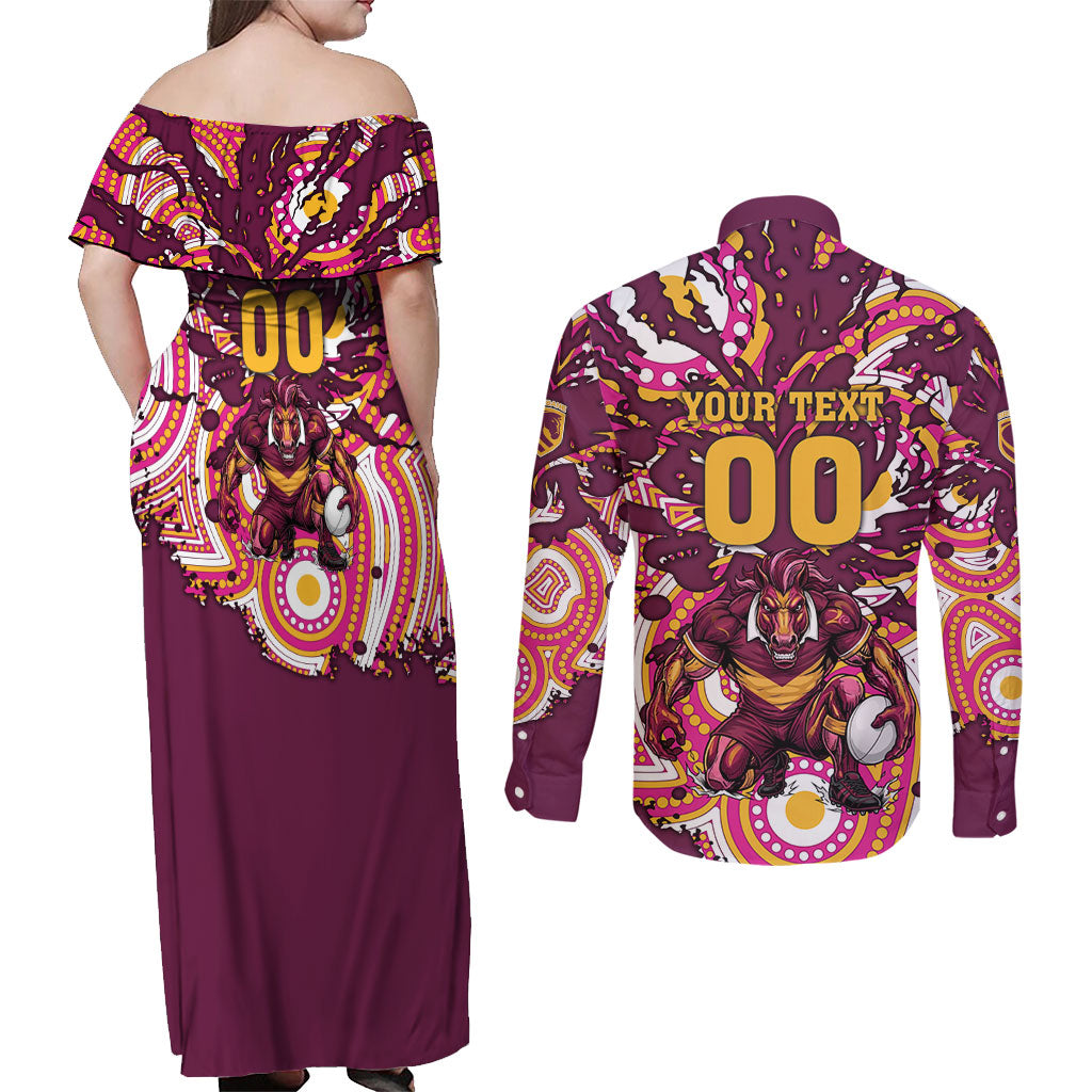 Personalised Brisbane Broncos Rugby Couples Matching Off Shoulder Maxi Dress and Long Sleeve Button Shirt Aboriginal Art Style Pink And Gold Patterned Graphics