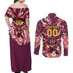 Personalised Brisbane Broncos Rugby Couples Matching Off Shoulder Maxi Dress and Long Sleeve Button Shirt Aboriginal Art Style Pink And Gold Patterned Graphics