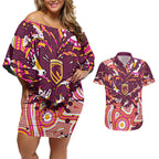 Personalised Brisbane Broncos Rugby Couples Matching Off Shoulder Short Dress and Hawaiian Shirt Aboriginal Art Style Pink And Gold Patterned Graphics