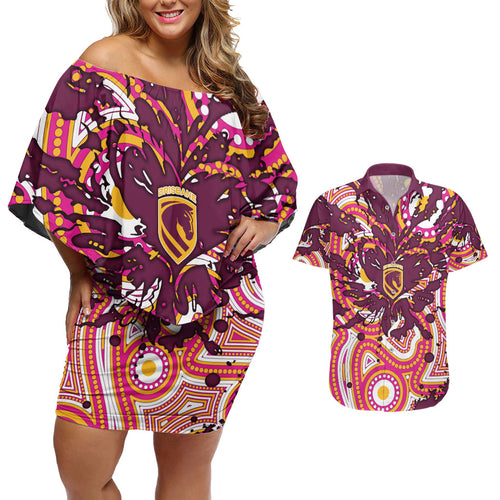 Personalised Brisbane Broncos Rugby Couples Matching Off Shoulder Short Dress and Hawaiian Shirt Aboriginal Art Style Pink And Gold Patterned Graphics