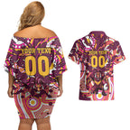 Personalised Brisbane Broncos Rugby Couples Matching Off Shoulder Short Dress and Hawaiian Shirt Aboriginal Art Style Pink And Gold Patterned Graphics