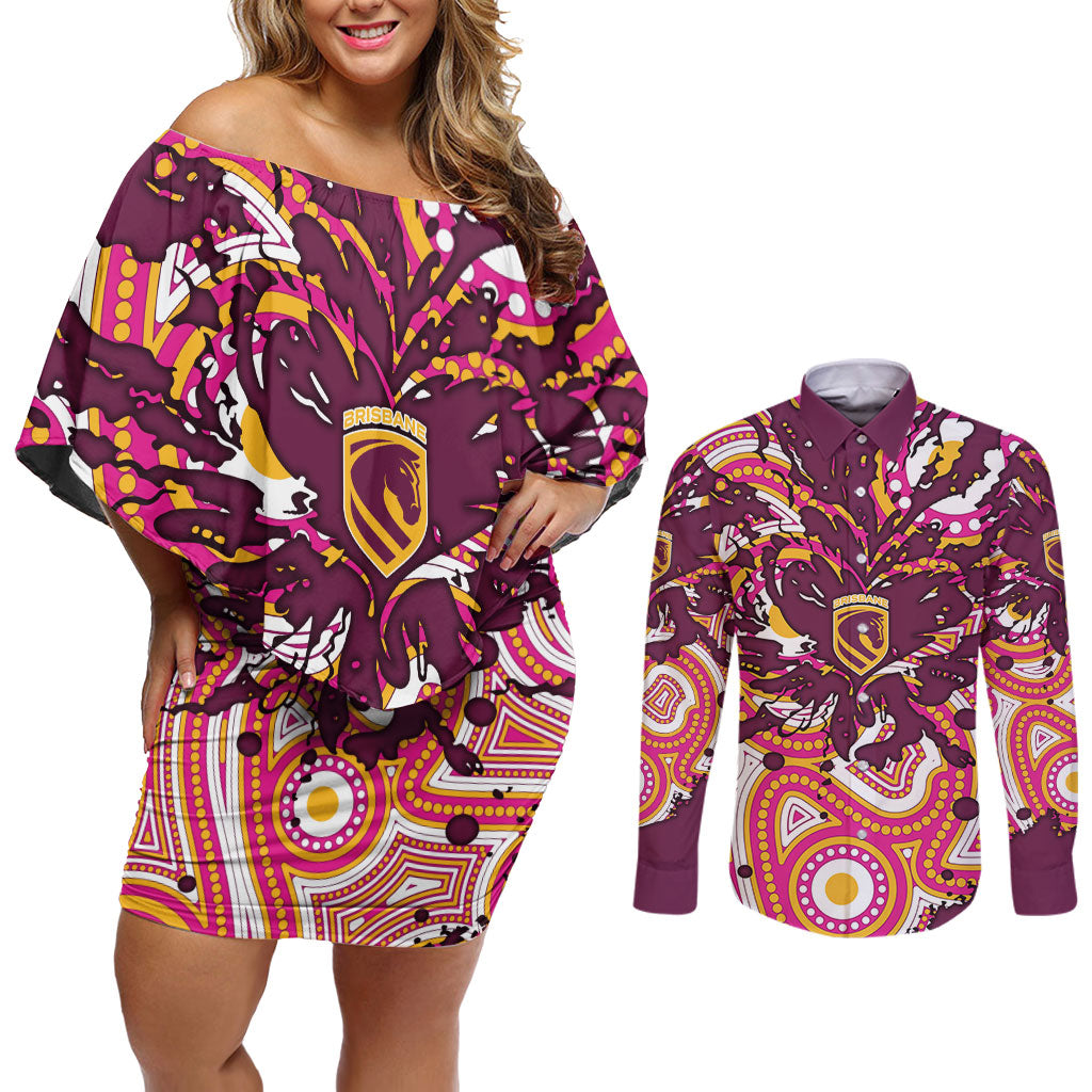 Personalised Brisbane Broncos Rugby Couples Matching Off Shoulder Short Dress and Long Sleeve Button Shirt Aboriginal Art Style Pink And Gold Patterned Graphics