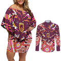 Personalised Brisbane Broncos Rugby Couples Matching Off Shoulder Short Dress and Long Sleeve Button Shirt Aboriginal Art Style Pink And Gold Patterned Graphics