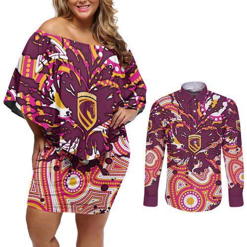Personalised Brisbane Broncos Rugby Couples Matching Off Shoulder Short Dress and Long Sleeve Button Shirt Aboriginal Art Style Pink And Gold Patterned Graphics
