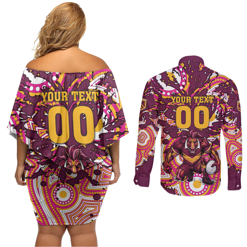 Personalised Brisbane Broncos Rugby Couples Matching Off Shoulder Short Dress and Long Sleeve Button Shirt Aboriginal Art Style Pink And Gold Patterned Graphics