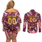 Personalised Brisbane Broncos Rugby Couples Matching Off Shoulder Short Dress and Long Sleeve Button Shirt Aboriginal Art Style Pink And Gold Patterned Graphics