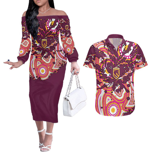 Personalised Brisbane Broncos Rugby Couples Matching Off The Shoulder Long Sleeve Dress and Hawaiian Shirt Aboriginal Art Style Pink And Gold Patterned Graphics