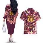 Personalised Brisbane Broncos Rugby Couples Matching Off The Shoulder Long Sleeve Dress and Hawaiian Shirt Aboriginal Art Style Pink And Gold Patterned Graphics