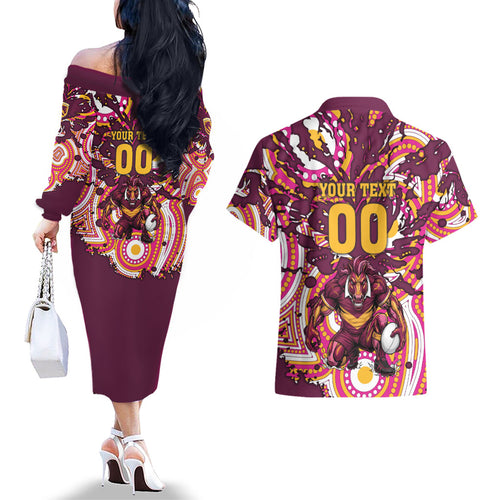 Personalised Brisbane Broncos Rugby Couples Matching Off The Shoulder Long Sleeve Dress and Hawaiian Shirt Aboriginal Art Style Pink And Gold Patterned Graphics