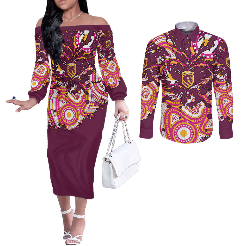 Personalised Brisbane Broncos Rugby Couples Matching Off The Shoulder Long Sleeve Dress and Long Sleeve Button Shirt Aboriginal Art Style Pink And Gold Patterned Graphics
