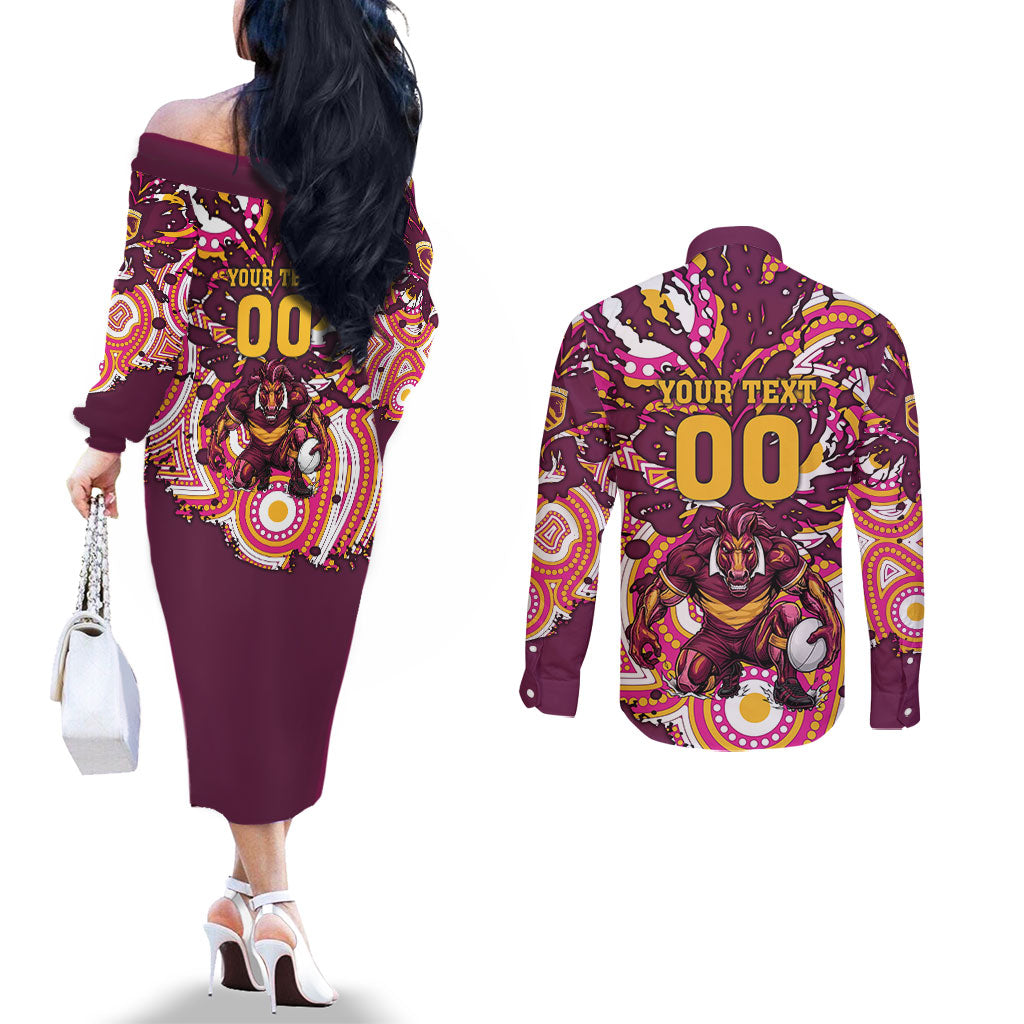 Personalised Brisbane Broncos Rugby Couples Matching Off The Shoulder Long Sleeve Dress and Long Sleeve Button Shirt Aboriginal Art Style Pink And Gold Patterned Graphics