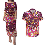 Personalised Brisbane Broncos Rugby Couples Matching Puletasi and Hawaiian Shirt Aboriginal Art Style Pink And Gold Patterned Graphics
