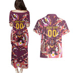 Personalised Brisbane Broncos Rugby Couples Matching Puletasi and Hawaiian Shirt Aboriginal Art Style Pink And Gold Patterned Graphics