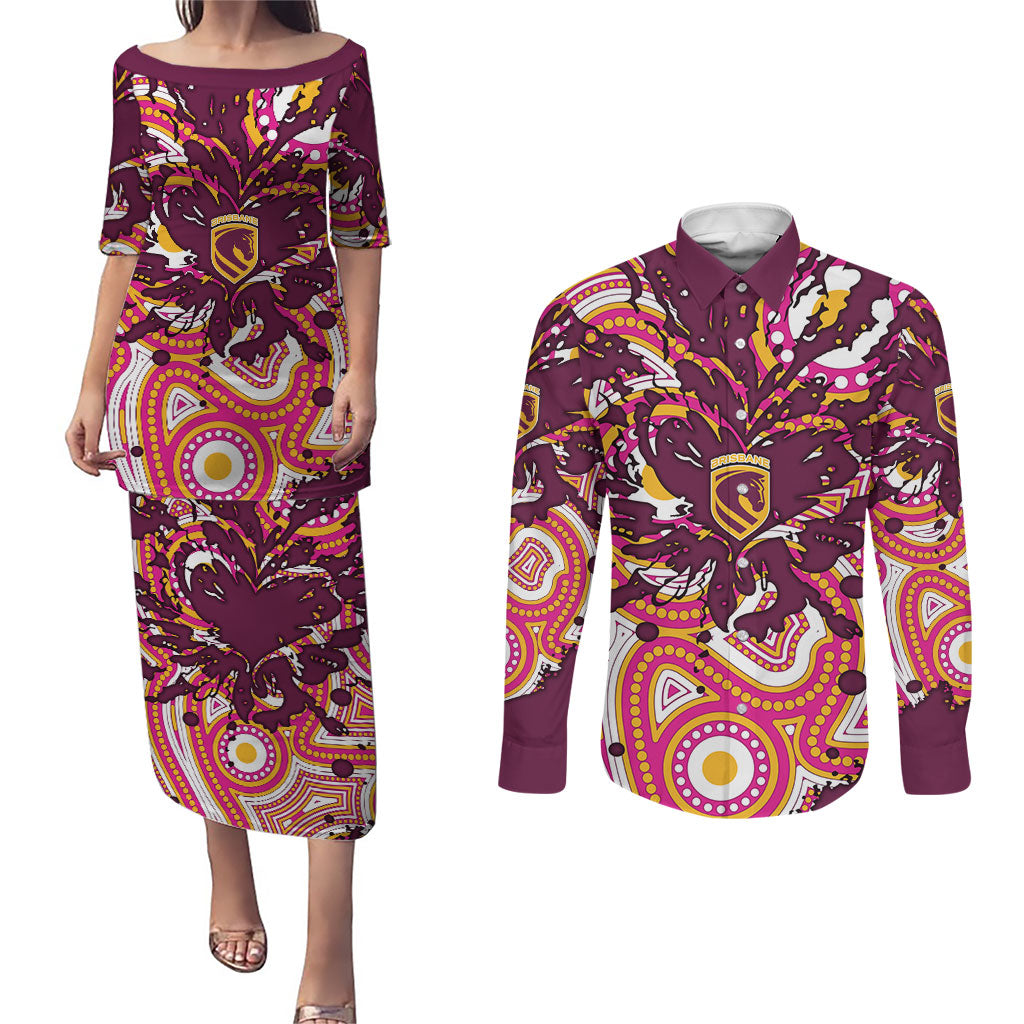 Personalised Brisbane Broncos Rugby Couples Matching Puletasi and Long Sleeve Button Shirt Aboriginal Art Style Pink And Gold Patterned Graphics