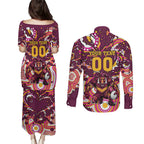 Personalised Brisbane Broncos Rugby Couples Matching Puletasi and Long Sleeve Button Shirt Aboriginal Art Style Pink And Gold Patterned Graphics