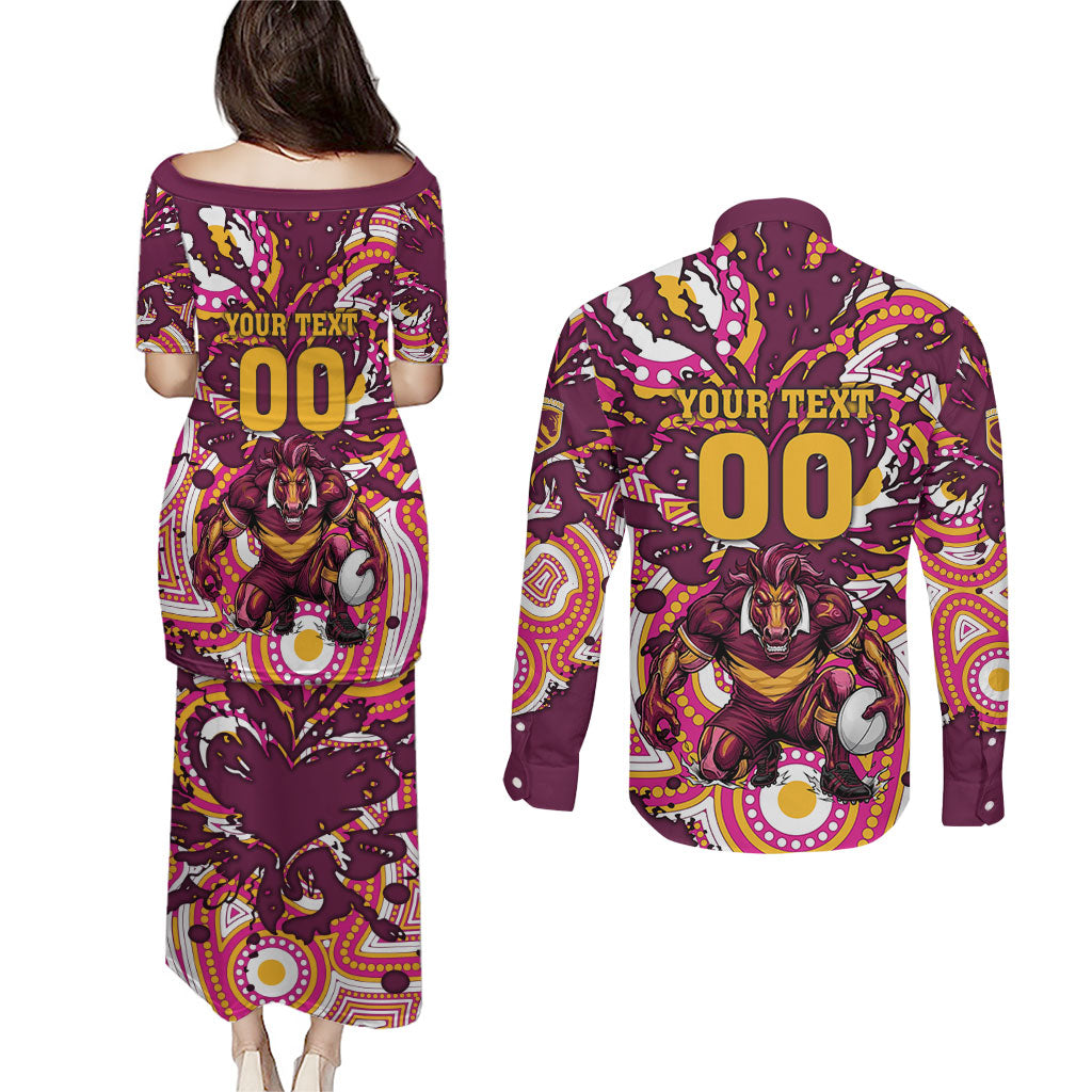 Personalised Brisbane Broncos Rugby Couples Matching Puletasi and Long Sleeve Button Shirt Aboriginal Art Style Pink And Gold Patterned Graphics