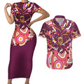 Personalised Brisbane Broncos Rugby Couples Matching Short Sleeve Bodycon Dress and Hawaiian Shirt Aboriginal Art Style Pink And Gold Patterned Graphics