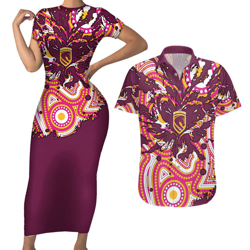 Personalised Brisbane Broncos Rugby Couples Matching Short Sleeve Bodycon Dress and Hawaiian Shirt Aboriginal Art Style Pink And Gold Patterned Graphics