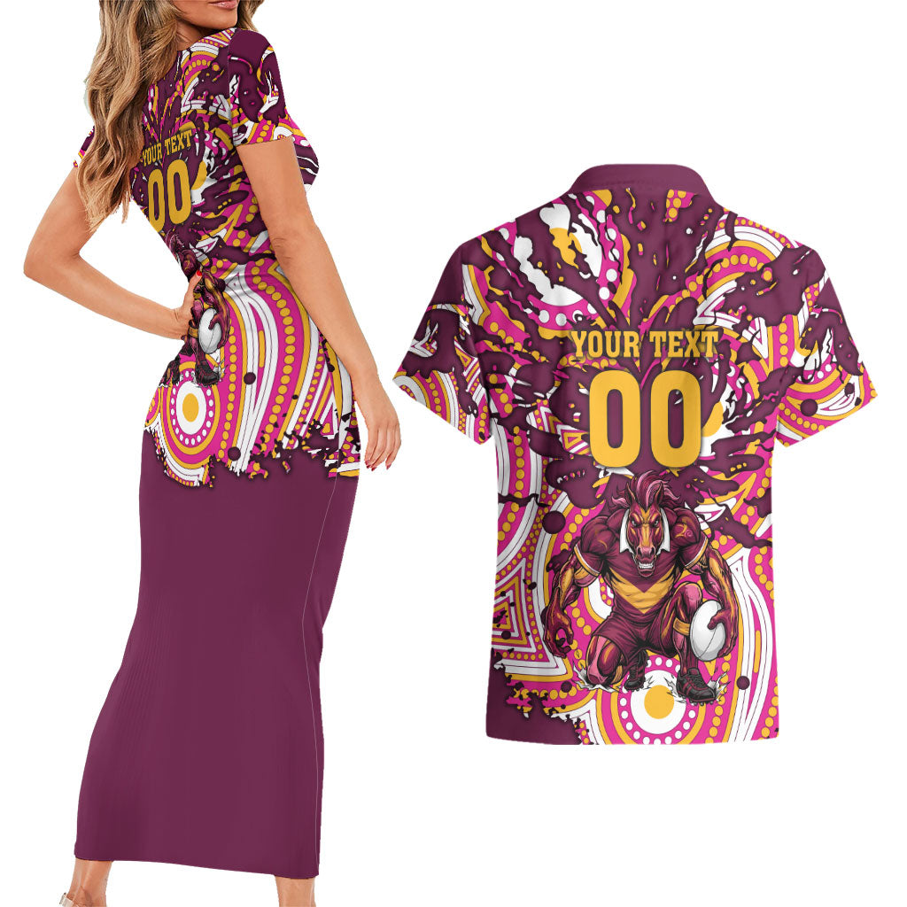 Personalised Brisbane Broncos Rugby Couples Matching Short Sleeve Bodycon Dress and Hawaiian Shirt Aboriginal Art Style Pink And Gold Patterned Graphics
